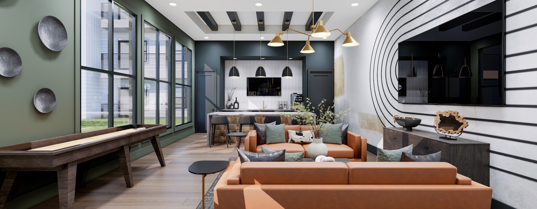 a clubroom with a tv, couches and tables