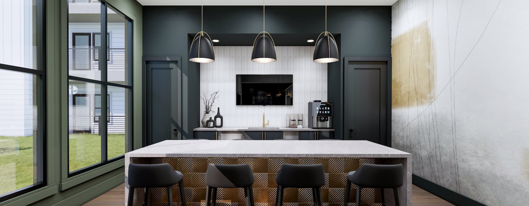 a kitchen with a bar and chairs