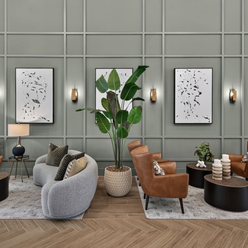 a lounge with couches, tables and chairs