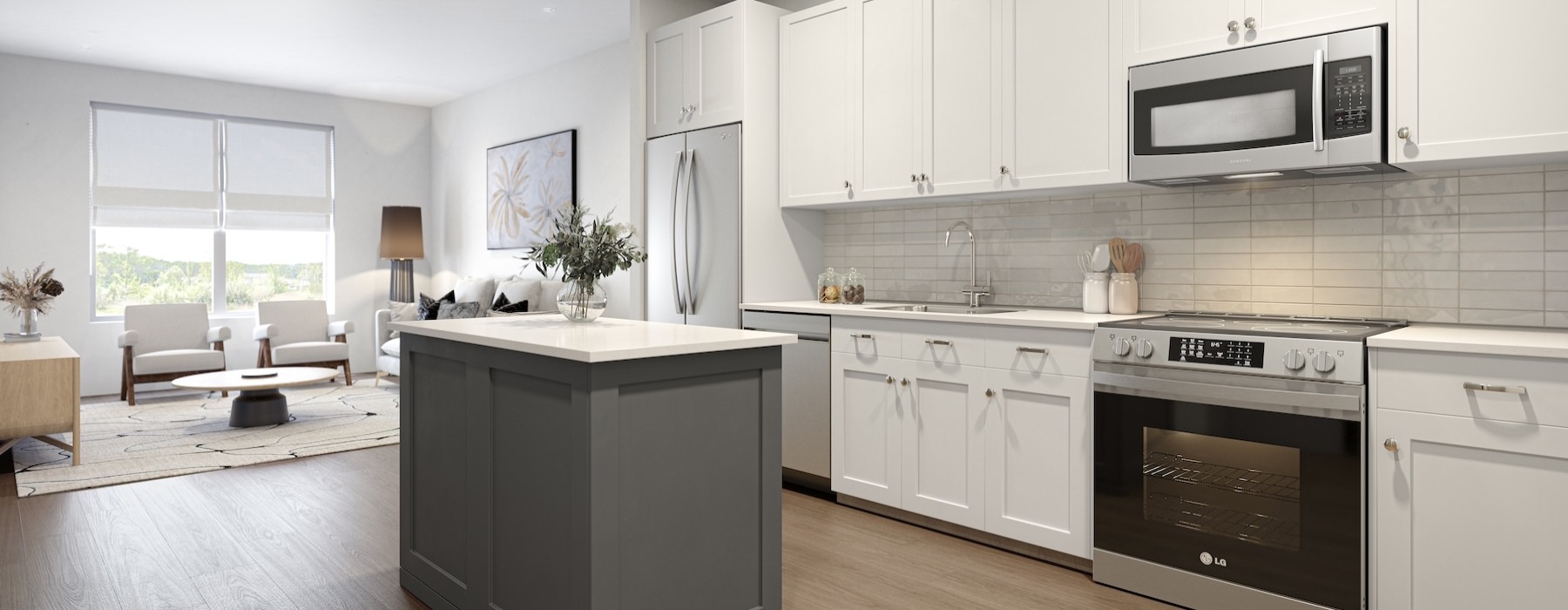 a kitchen with white cabinets