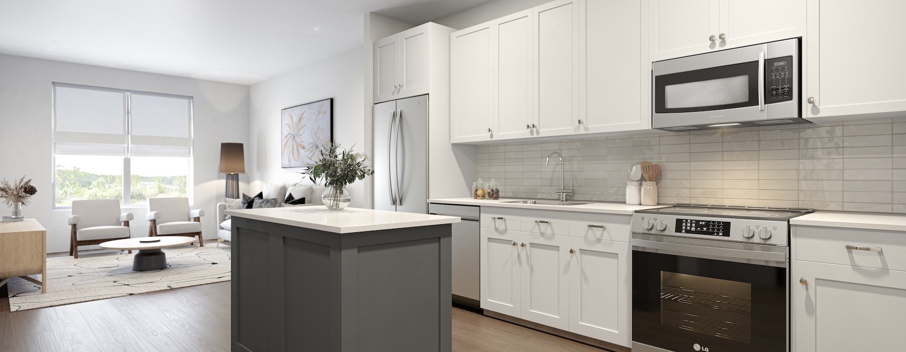a kitchen with white cabinets