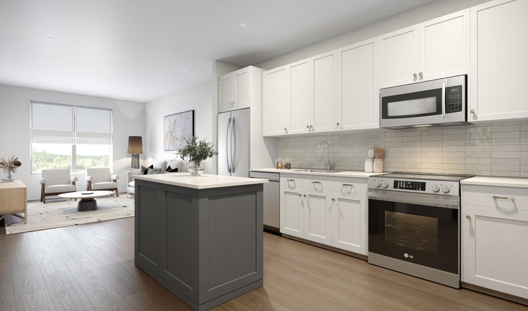 a kitchen with white cabinets
