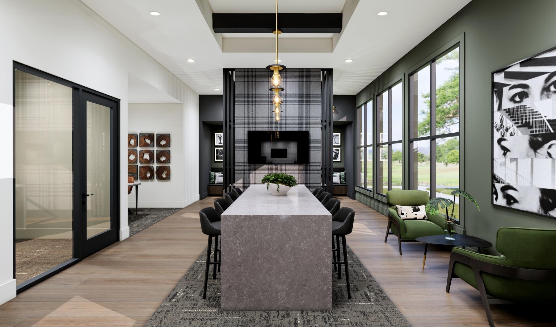 a clubroom with a table and chairs