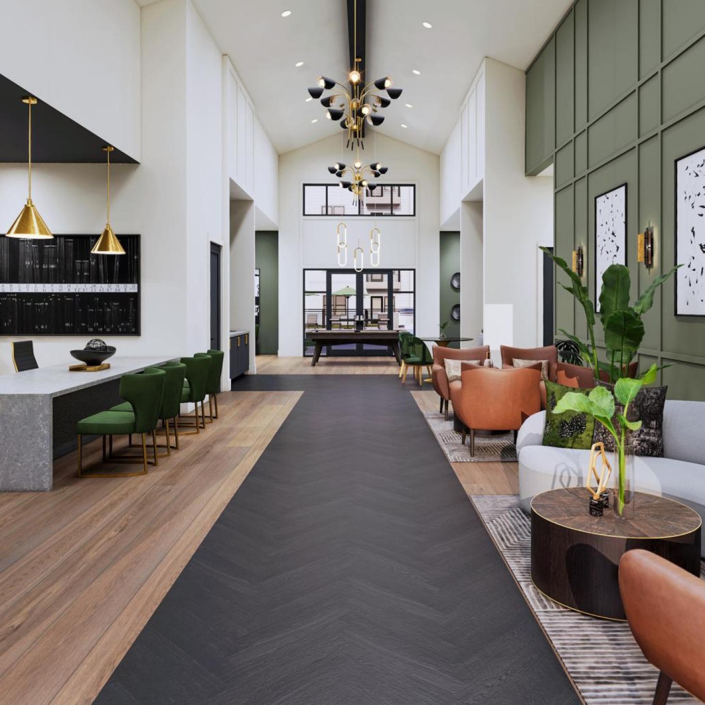 a lobby with couches and chairs