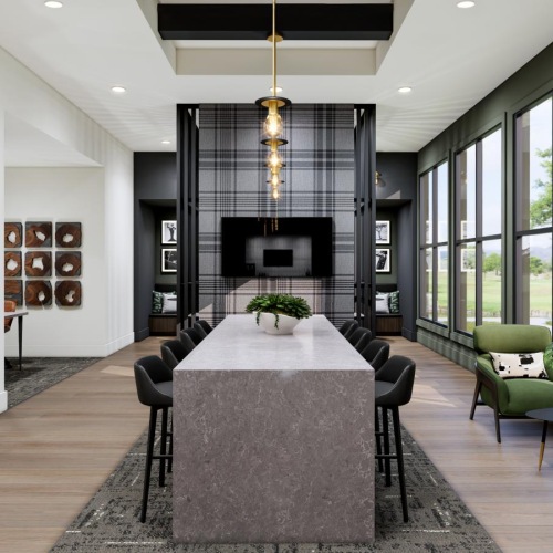 a room with a tv, tables and chairs